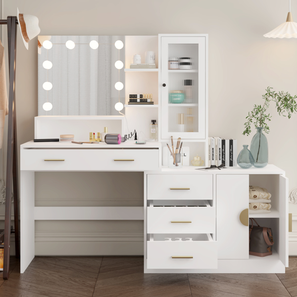 Large Makeup Vanity with Lights, Vanity Table with Charging Station, Vanity Desk with Mirror and 10 LED Light Bulbs, Makeup Table with Drawers and Storage Shelves and Cabinets, White