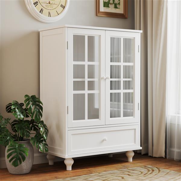 Minimalist White Buffet Cabinet with Double Glass Doors and Drawer, Modern Wooden Storage Sideboard Cupboard for Living room, Dining Room Hallway Entryway