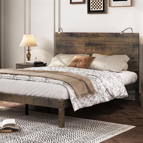 Farmhouse Wooden Platform Queen Size Bed, Modern Platform Bed with Two Bedside Lights, Antique Walnut