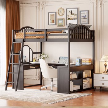 Full Wooden Loft Bed with U-shaped Desk,Storage Compartments and Tri-fold Mirror, Espresso 