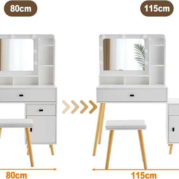 Dressing Table with Hollywood LED Mirror, Light Adjustable Brightness, Dressing Table, Padded Stool Set, White, Wooden Cosmetic Table with Drawer and Storage Cabinet