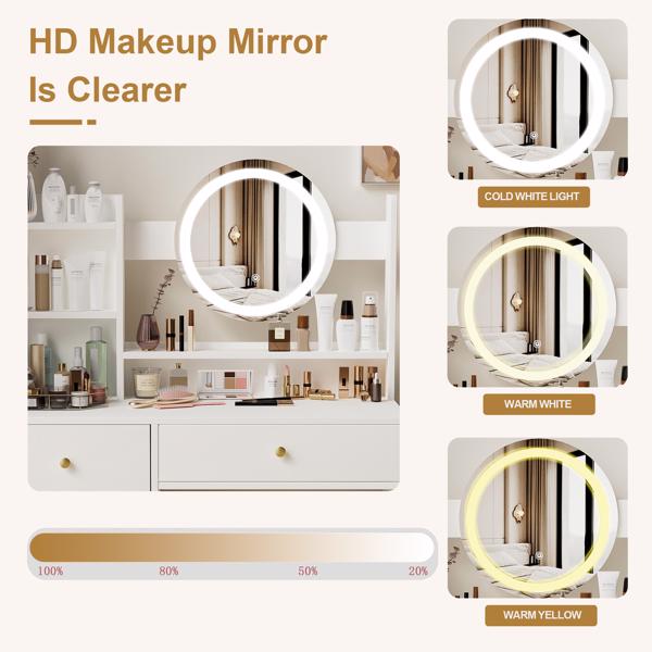 Fashion Vanity Desk with Mirror and Lights for Makeup and Cushioned Chair, Vanity Mirror with Lights and Table Set with 3 Color Lighting Brightness Adjustable,Dressing table, White Color 