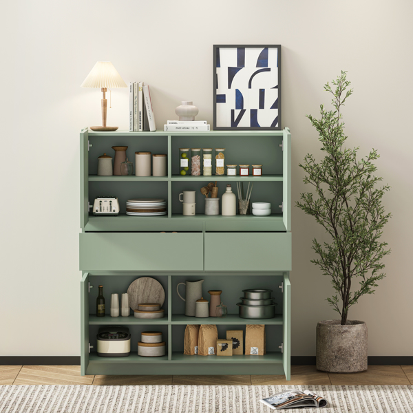 Green wooden storage cabinet with 4 doors and 2 drawers 