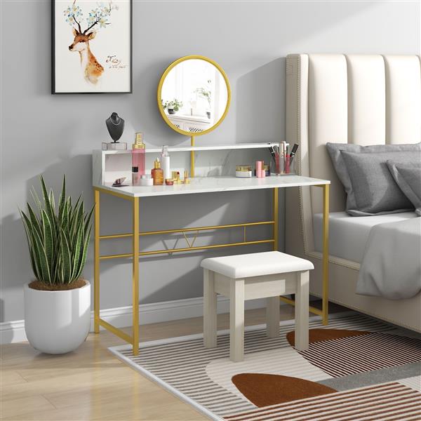 Modern Vanity Makeup Desk with Mirror, Dressing Table with Open Storage, Faux Marble Finish and Steel Frame for Bedroom, White and Gold