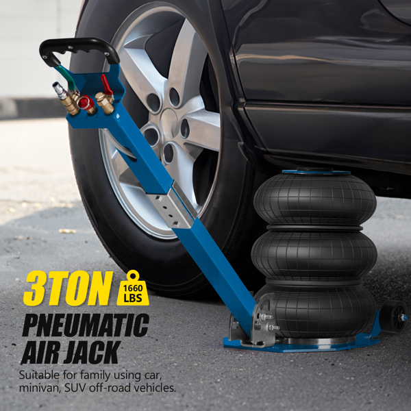 Air Jack, 3 Ton/6600 lbs Triple Bag Air Jack, Air Bag Jack Lift Up to 15.75 Inch, 3-5S Fast Lifting Air Bag Jack for Cars with Adjustable Long Handle