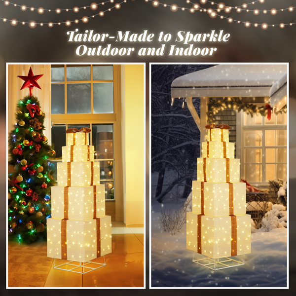 6FT Lighted Gift Box Tower, Pre-lit Pull Up Present Boxes with 200 LED Warm White Lights and Ropes Stakes for Christmas Outdoor Indoor Decorations Lighted Holiday Displays, Beige