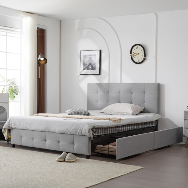 Upholstered Queen Platform Storage Bed Frame with 4 Drawers, Adjustable Headboard with Button Tufted Design, Wooden Slat Support, No Box Spring Needed, Light Grey