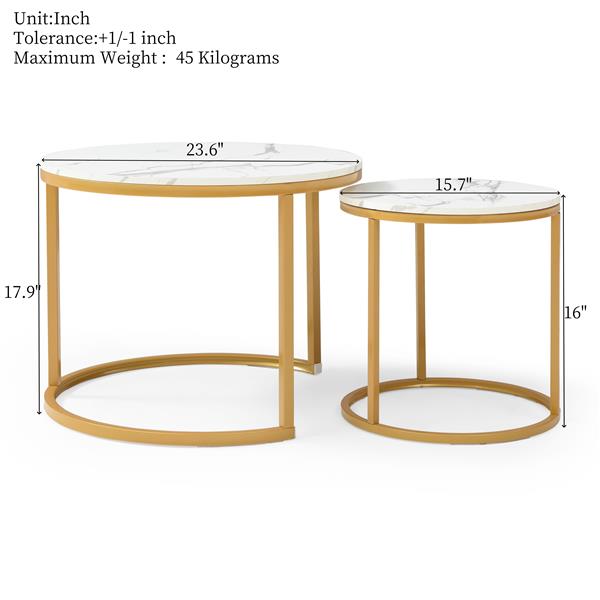 Set 2 Coffee Table Nesting White and gray top  Golden Frame Circular Round and Marble Pattern Wooden Tables, Living Room Bedroom Apartment Modern Industrial Simple Nightstand