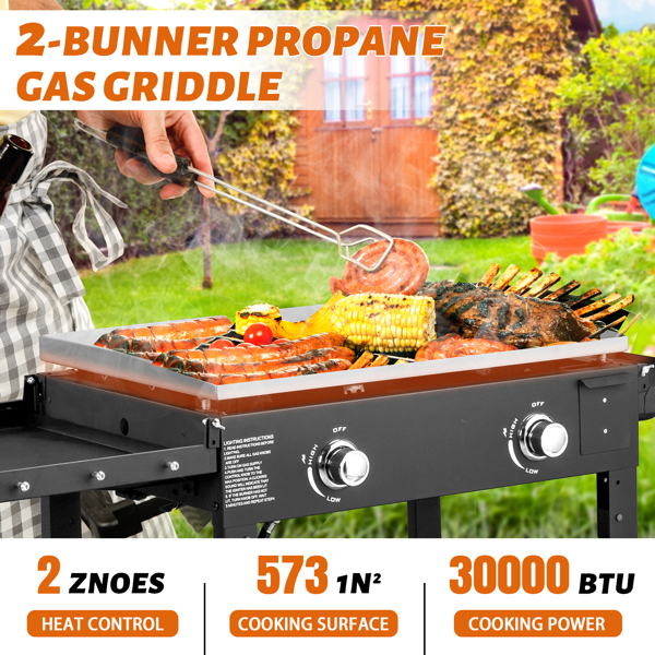 Foldable 2-Burner Flat Top Gas Griddle Cooking Station, Propane Fuelled Griddle Station with Side Shelves for Outdoor Barbecue Backyard Cookout