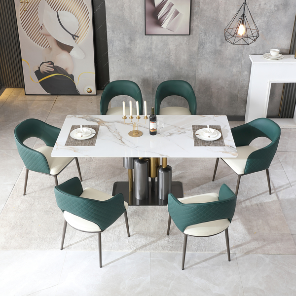 Modern 7PCS Dining Table Set, White Dining Table Sintered Stone Dining Table Top with stainless steel base, 71 inch Modern Luxury White Rectangular Dining Table (1table+6chairs)-LTL Item