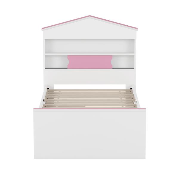 Twin Size House-Shaped Wooden Bed with Storage Shelf on the Headboard, Built-in Two Storage Drawers, Pink