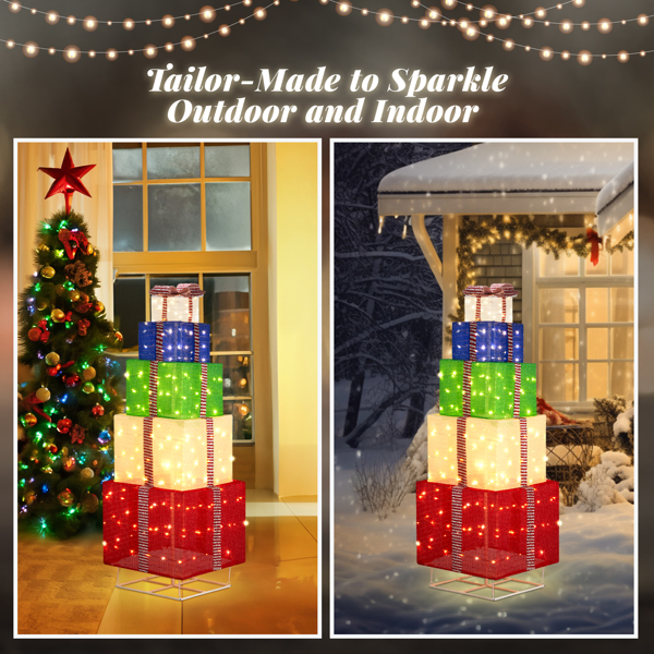 6FT Lighted Gift Box Tower, Pre-lit Pull Up Present Boxes with 200 LED Warm White Lights and Ropes Stakes for Christmas Outdoor Indoor Decorations Lighted Holiday Displays, Multicolor