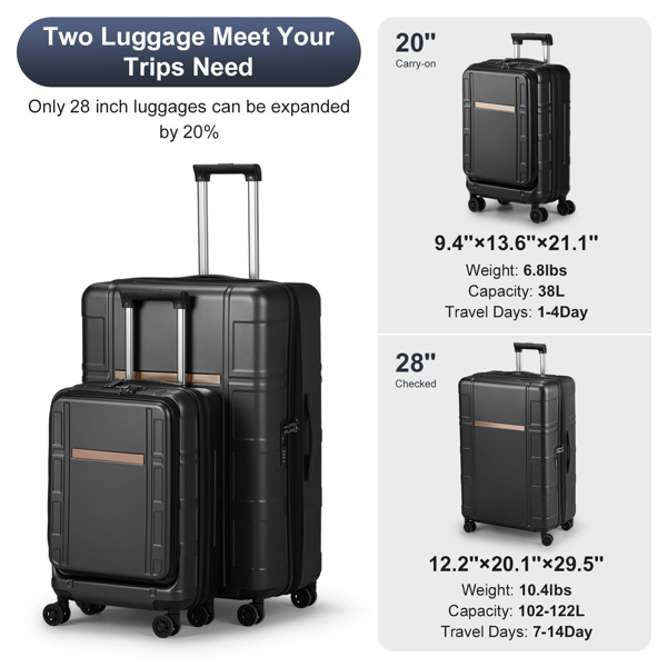 Luggage Expandable Suitcase 2 Piece Set Carry On ABS+PC Spinner Trolley with pocket Compartment Weekend Bag ， Black Color