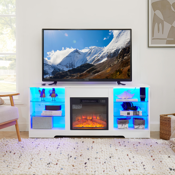 TV Stand Electric Fireplace Glass Shelves, 3D Fireplace TV Stand with LED Lights Wood with USB Charging Outlet Modern Television Table Center for TV up to 62" White, 58''W*15.5''D*24.4 