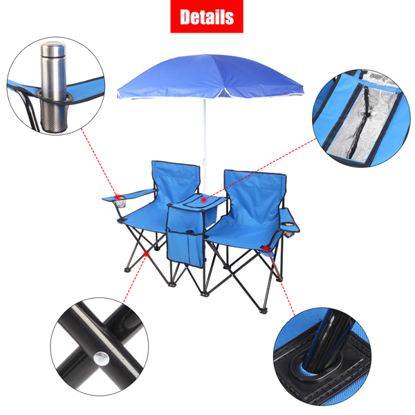 Portable Outdoor 2-Seat Folding Chair with Removable Sun Umbrella Blue