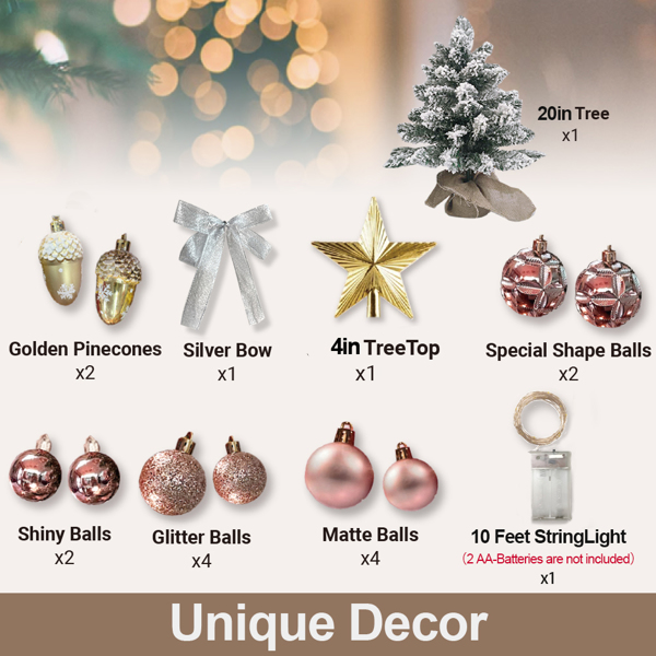 22in Mini Christmas Tree with Lights, Rose Gold Artificial Small Tabletop Christmas Tree with Flocked Snow, Exquisite Decor & Xmas Decorations for Table Top for Home & Office