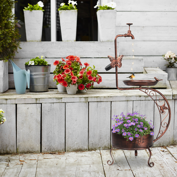 36 inch Bird Baths for Outdoors, Vintage Metal Garden Bird Bath with Solar Lamp and Flower Planter Pedestal Standing Bird Feeder, Bronze