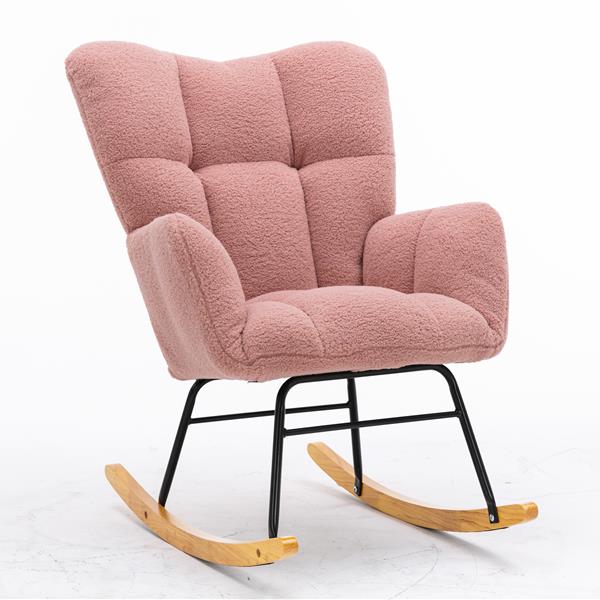 Mid Century Modern Teddy fabric Tufted Upholstered Rocking Chair Padded Seat for Living Room Bedroom,Pink