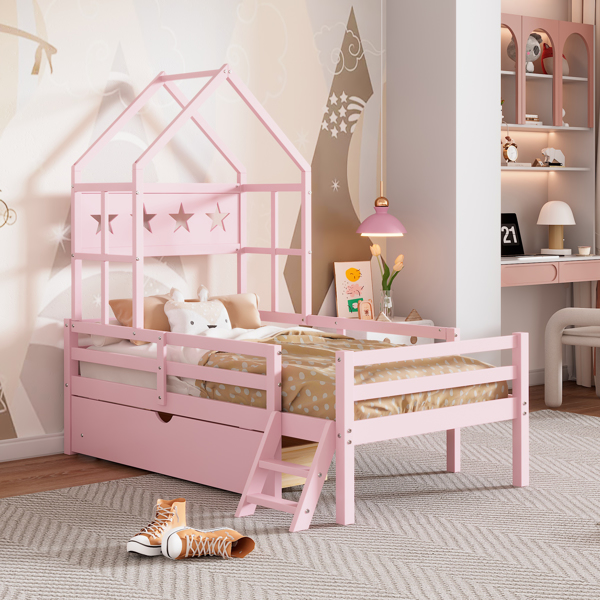 Wood Twin Size House Platform Bed with Guardrail and Drawer, Pink