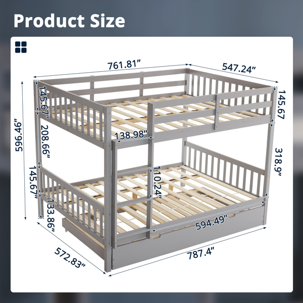 Full Size Bunk Bed with Trundle Bed, with Ladder and Safety Rails Pinewood Bunk Bed Gray