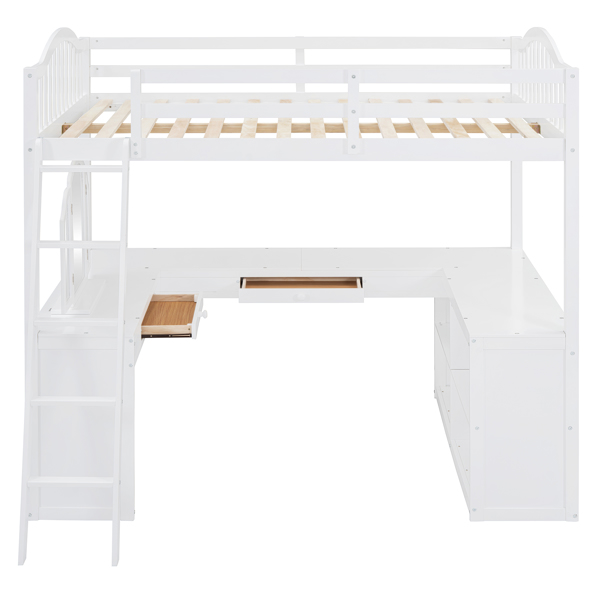 Full Wooden Loft Bed with U-shaped Desk,Storage Compartments and Tri-fold Mirror, White 