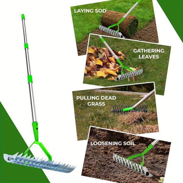 Thatch Rake, Dethatcher Rake for Cleaning Dead Grass, Grass Rake with Stainless Steel Handle, Lawn Loosening Soil Rake, 12.8 Inch Wide 66.93 Inch Length