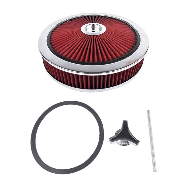 14" x 3" Aluminum Round Red Thru Air Cleaner Drop Base with Chrome Lid for Chevrolet SBC BBC