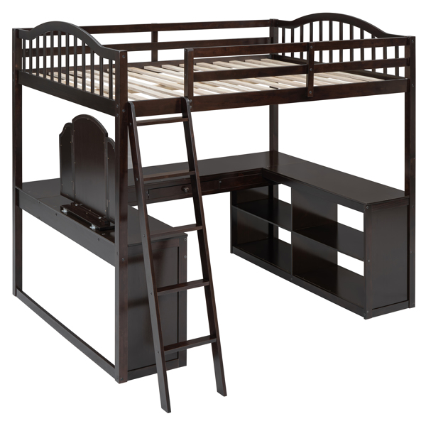 Full Wooden Loft Bed with U-shaped Desk,Storage Compartments and Tri-fold Mirror, Espresso 