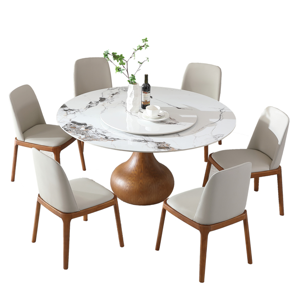 7pcs Modern Marble Dining Table, 59" Round Sintered Stone Table for Dining Room, Kitchen, Dinette, Compact Space With Lazy Susan(1table+6 chairs) -LTL item