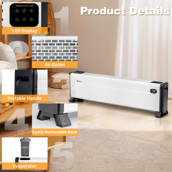 美规 NTJX-T160FR 120V 1500W 取暖器 白色 塑料 32in踢脚线取暖器/PTC/可调温/定时/带显示/可加湿/带遥控器-14