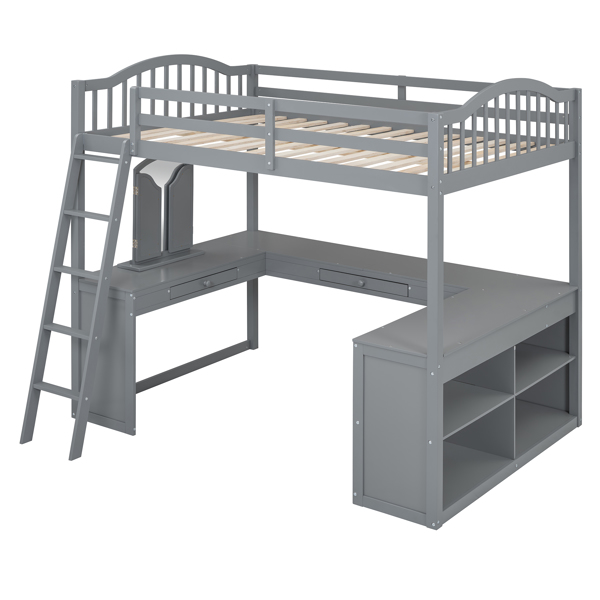 Full Wooden Loft Bed with U-shaped Desk,Storage Compartments and Tri-fold Mirror, Gray 