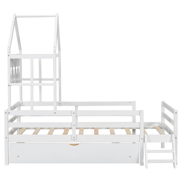 Wood Twin Size House Platform Bed with Guardrail and Drawer, White 