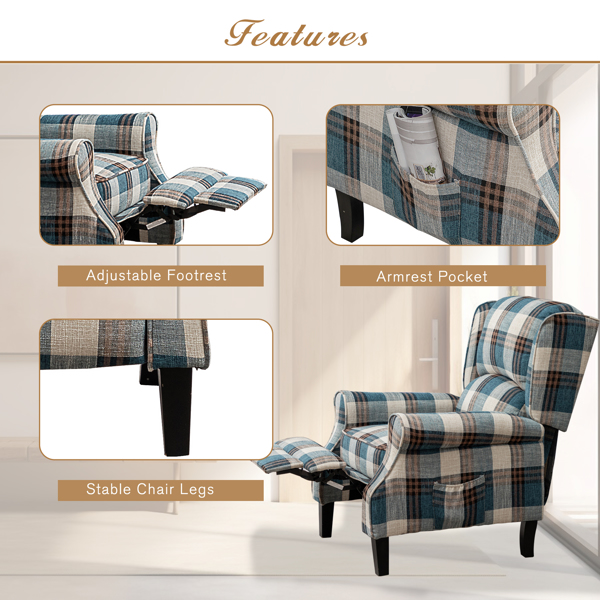 Vintage Armchair Sofa Comfortable Upholstered leisure chair / Recliner Chair for Living Room, Blue Check