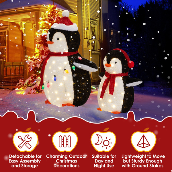 2-Piece Lighted Plush Penguins Christmas Yard Decorations, Set of 2 Pre-lit Pull Up Penguins with 150 Warm White LEDs, Multi-color Light String and Stakes for Xmas Outdoor Holiday Indoor Decor