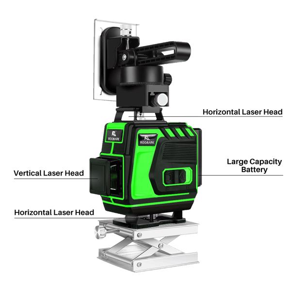 Kreuzlinienlaser Grün 4x360°, Laser Wasserwaage 16 Linien, Baulaser Kreuzlaser Linienlaser Selbstnivellierende, 6000 mAh Batterien, Wandhalterung, Fernbedienung, Magnetfuß, Drehständer (Schwarz-Grün）