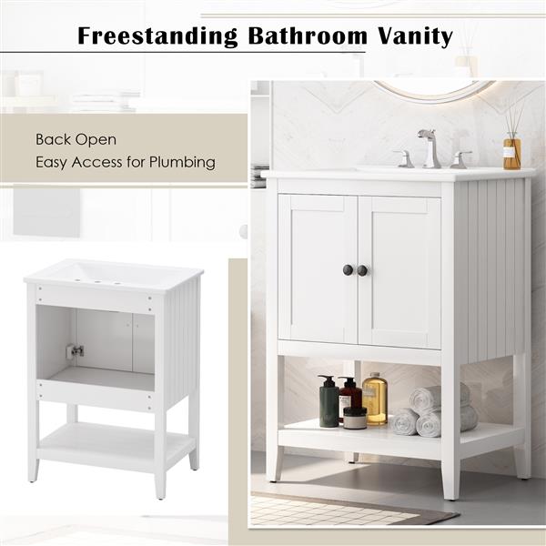 24" White Modern Sleek Bathroom Vanity Elegant Ceramic Sink with Solid Wood Frame Open Style Shelf