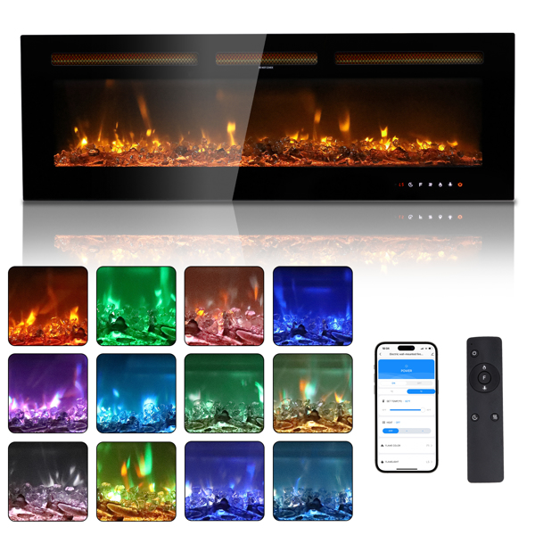 ZOKOP 50" Smart WiFi Electric Fireplace Insert, 1500W Wall Recessed/Mounted, Freestanding Fireplace Heater with Remote Control, 12 Color Adjustable Flames, Thermostat, 8H Timer, 5 Brightness Settings