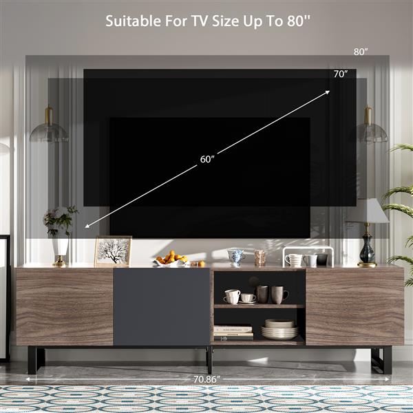 Modern TV with 3 Cabinets& Open Shelves, Color-matching Media Console Table for TVs up to 80'', Entertainment Center with Drop Down Door for Living Room, Bedroom, Home Theatre