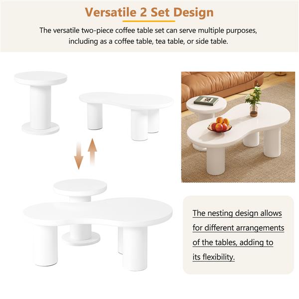 Easy Assembly Nesting Coffee Table Set of 2, Cream Style Cloud Coffee Table with Round Small Side Table,  Irregular Center Table with Thick Legs for Living Room, White, 39.3''x 13.7'',Φ15.7''