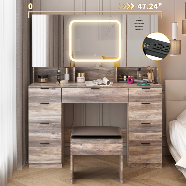 Large Vanity Table Set with 3 Opening Mirrors and LED Lights, Vanity Table with Full Storage Behind Mirror, Makeup Table with Drawers and Storage Shelves, Cushioned Stool for Bedroom, Gray