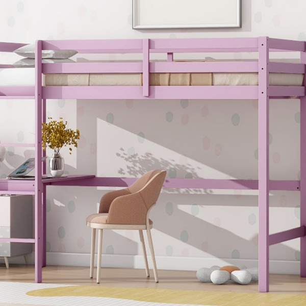 Twin High Loft Bed, Rubber Wood Loft Bed with Safety Guardrail, built-in desk, ladder,Pink 