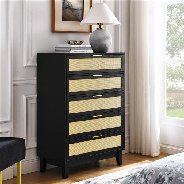 Bedroom 5 drawer dresser, rattan dresser modern wooden chest of drawers with spacious storage space for bedroom hallway living room