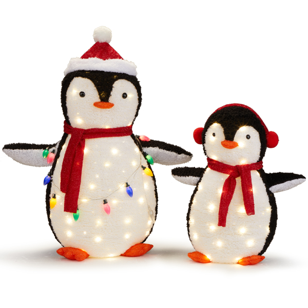 2-Piece Lighted Plush Penguins Christmas Yard Decorations, Set of 2 Pre-lit Pull Up Penguins with 150 Warm White LEDs, Multi-color Light String and Stakes for Xmas Outdoor Holiday Indoor Decor