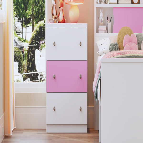 3-Drawer Wooden Nightstand with Colorblock Design and Plastic Handle, Wood Side Table with Storage Cabinet for Bedroom, White+Pink 