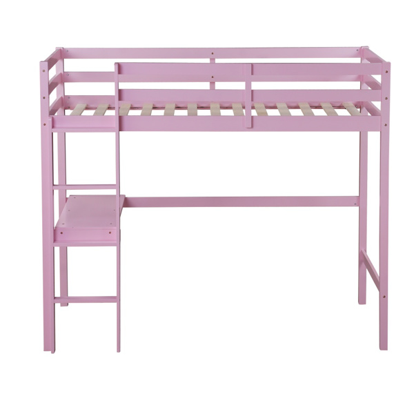 Twin High Loft Bed, Rubber Wood Loft Bed with Safety Guardrail, built-in desk, ladder,Pink 