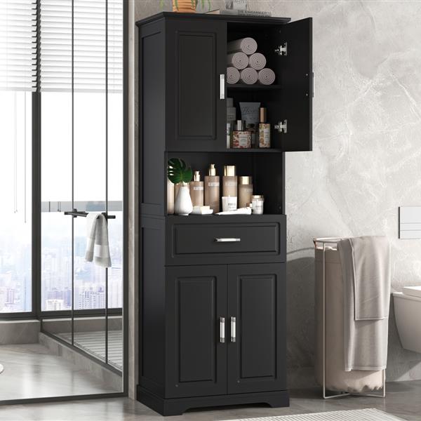 Tall Bathroom Cabinet with Four Doors, Large Storage Space Open Shelve, Upper Storage Cabinet, Black