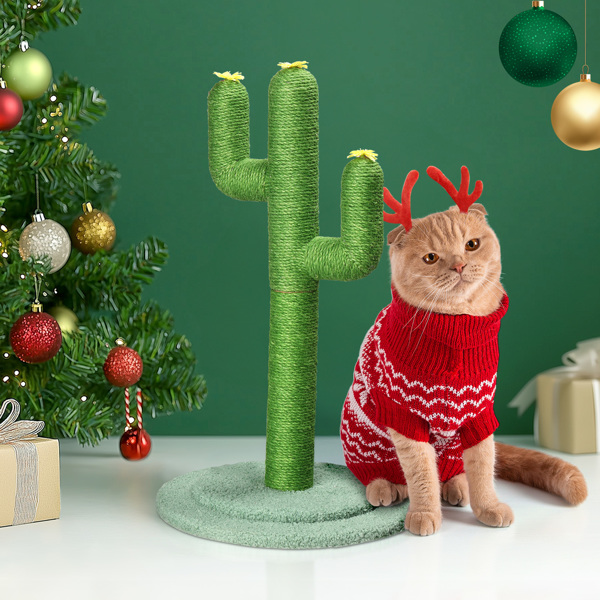 26in Cactus Cat Scratching Post, Cute Cat Scratcher with Natural Sisal Posts & Flower Toppers for Indoor Cats