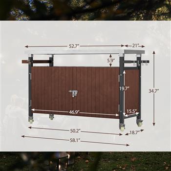 Outdoor Grill Cart with Stainless Steel Tabletop, Storage, Patio Kitchen Island with Wheels, Hooks, and Spice Rack, Waterproof Outdoor Grill Table, Movable BBQ Serving Cart Rolling Bar Cart