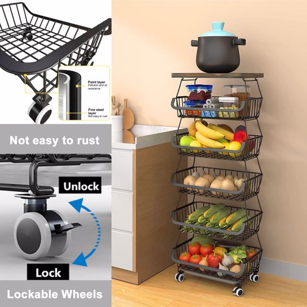 6-Tier Fruit Basket Rack, Stackable Wire Basket Cart with Solid Wood Top, Kitchen Vegetable Storage&Organization