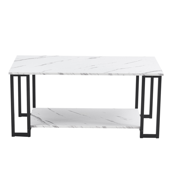 Coffee Table, 2 Layers 1.5cm Thick Marble MDF Rectangle 39.37" L Tabletop Iron Coffee Table , Dining Room, Coffee Shop, Resterant, White Top, Black Leg 